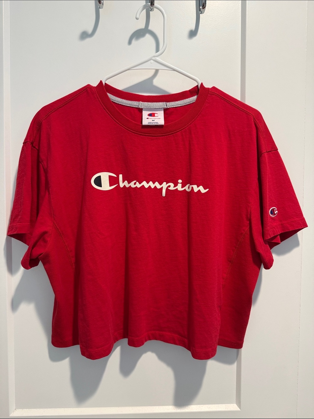 Champion Red Logo Cropped Tee with White Script